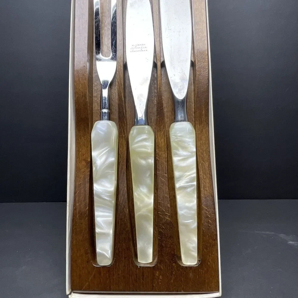 VTG TOWN & COUNTRY FLEETWOOD 3 PIECE KNIFE CARVING SET‎ CELLULOID MCM